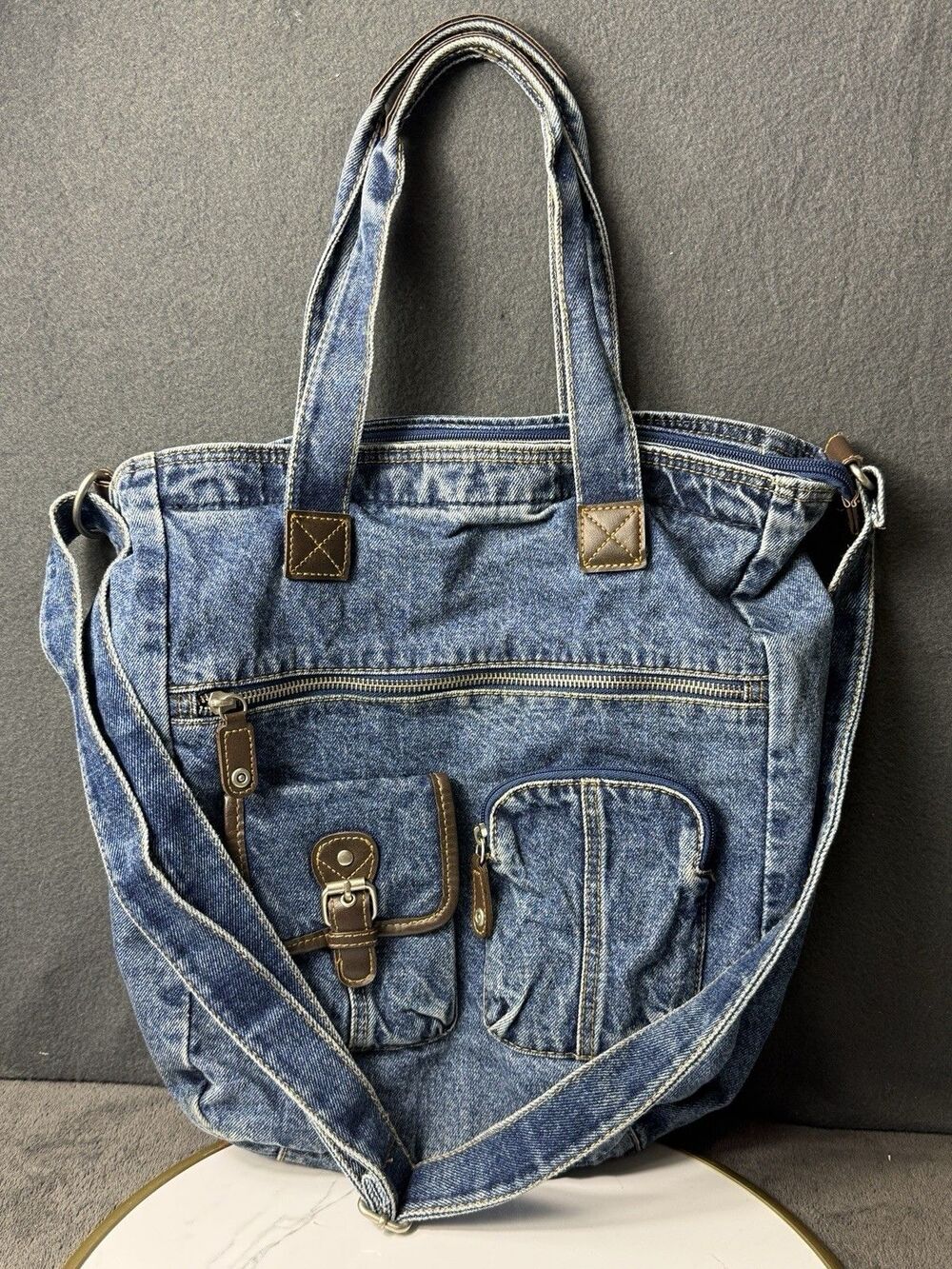 Vintage Blue Denim Multi Pocket Tote Bag Medium Wash Zip Shoulder Bag
